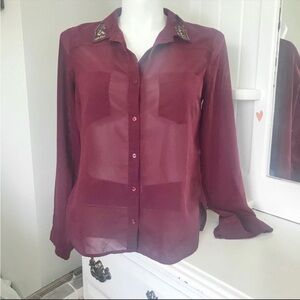 True Freedom Beaded-Collar Button Down Top Maroon Sheer Size L